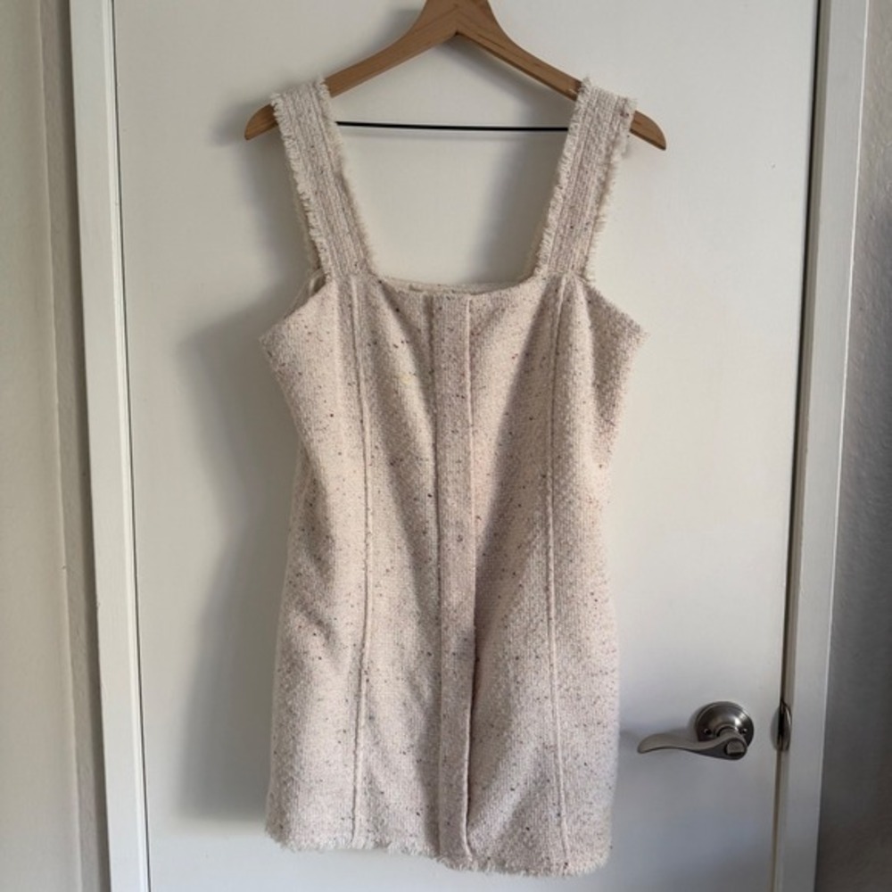House of Harlow 1960 Cream Confetti Tweed‎ Mini Dress Frayed Trim Classic Chic